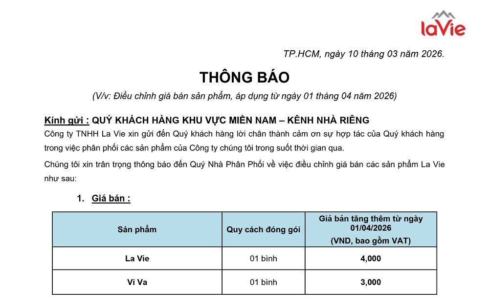 Thông báo điều chỉnh giá nước AX 88 cá cược trực tuyến và ViVa từ ngày 01/04/2026