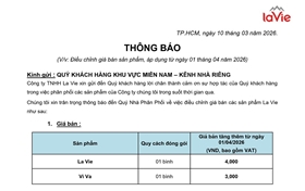 Thông báo điều chỉnh giá nước AX 88 cá cược trực tuyến và ViVa từ ngày 01/04/2026
